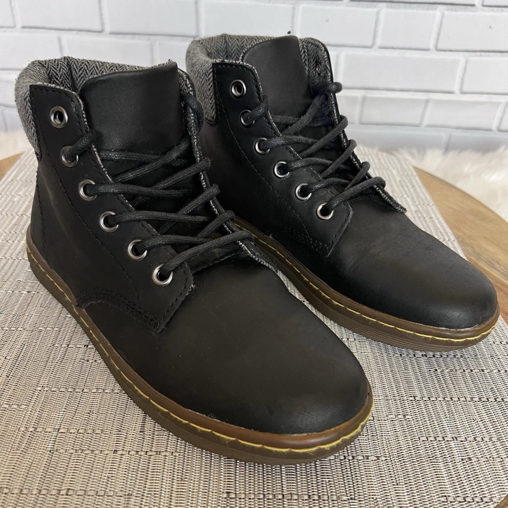 Dr.Martens Maelly—Padded Collar Black Leather Canvas Ankle Boots Size Womens 5US